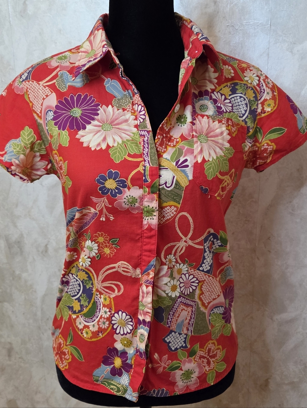 Takeo Kikuchi Floral Button Up Shirt Size 1 Red Japanese Designer - Picture 7 of 8